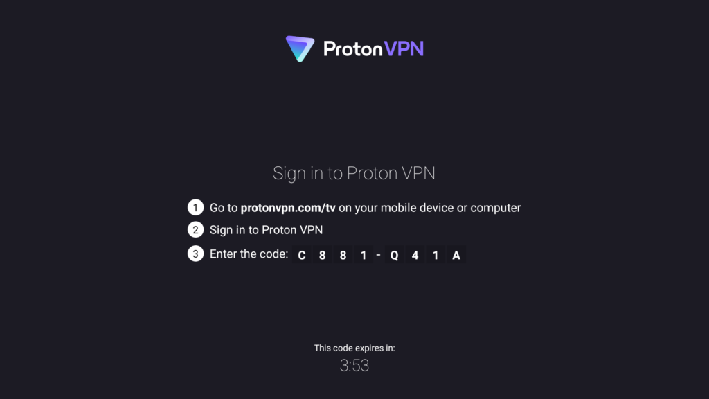 Proton VPN sign-in instructions in the Amazon appstore