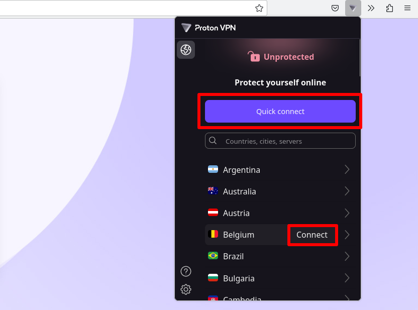 Quick connect or select country