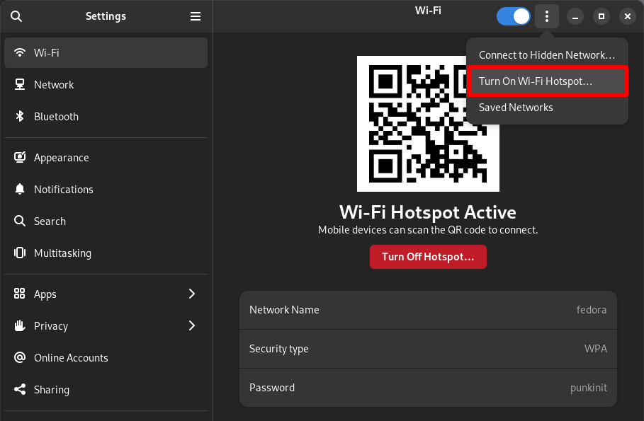 How to turn on WiFi hotspot on GNOME