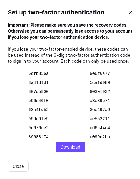 Recovery codes in case you lose your authentication device