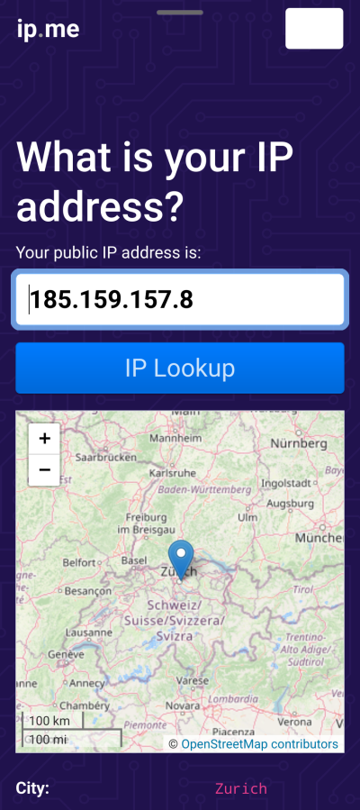 Visit ip.me in a browser to confirm that the VPN connection is working correctly