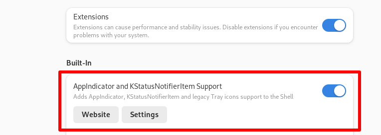Open the Extensions app and ensure that AppIndicator and KStatusNotifierItem Support is toggled on