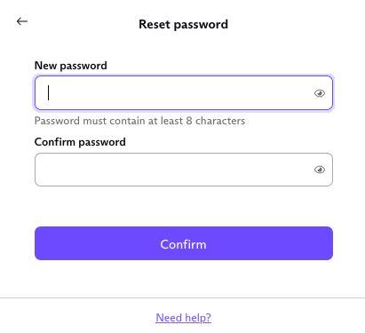 Boxes to enter new password and confirm new password.
