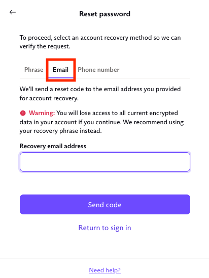 Box to enter email to reset password