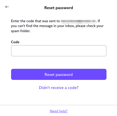 Box to enter reset password code