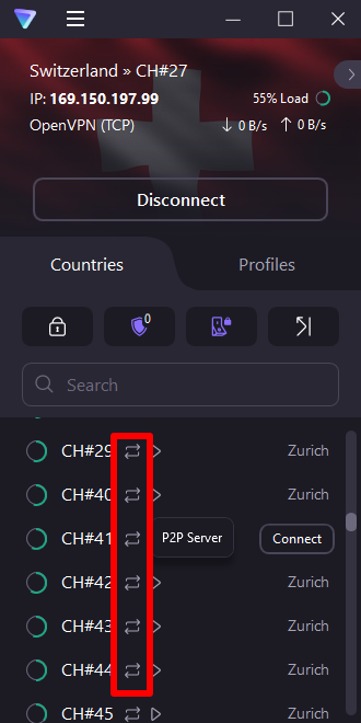 P2P servers are marked with a double-arrow icon