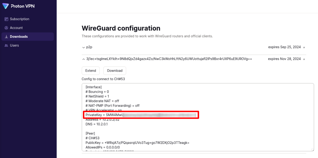 Get the private key from the WireGuard config 