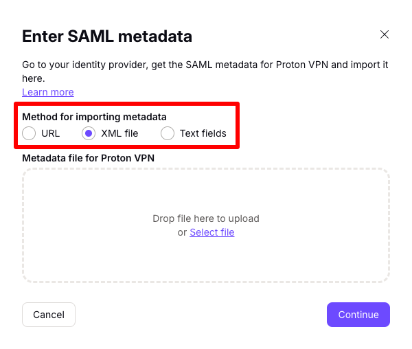 Enter SAML metadata