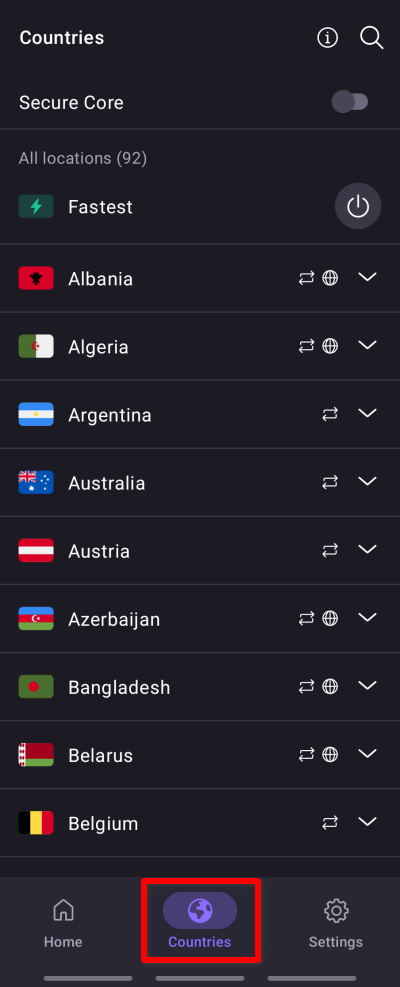 Select a country in the Countries tab