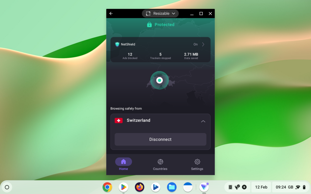 The Proton VPN Android app running on a Chromebook