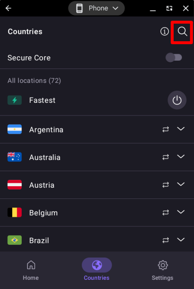 Search for a country, city, or server