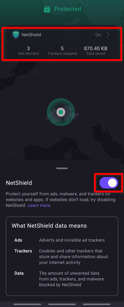 Enable NetrSheild from Android app home screen.