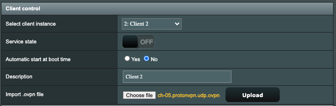 Upload selected OpenVPN configuration file