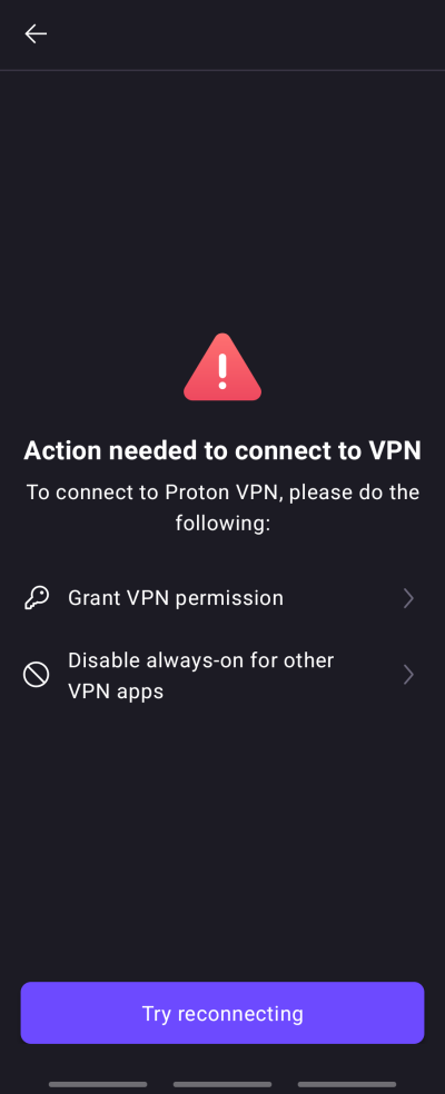 Action needed to connect to VPN screen