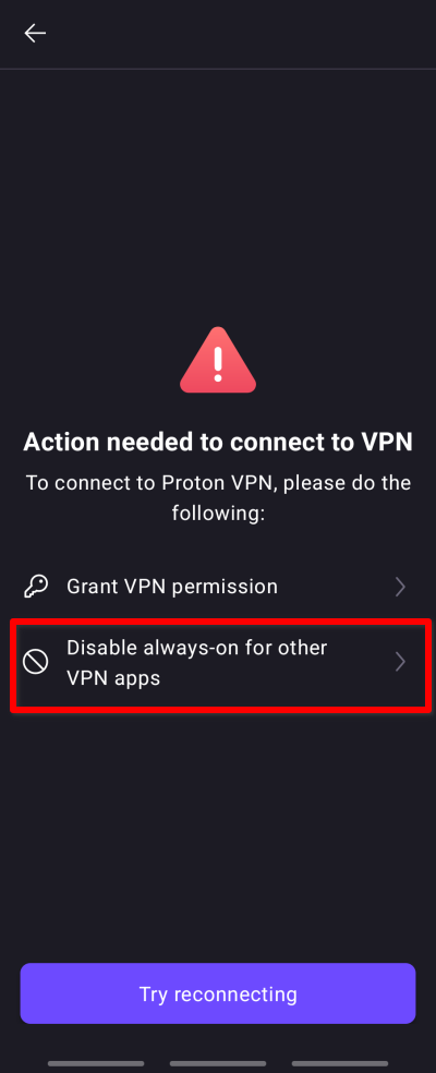 Tap Disable always-on for other VPN apps.