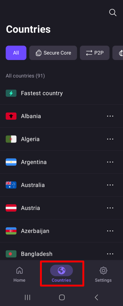 Choose a country to connect to