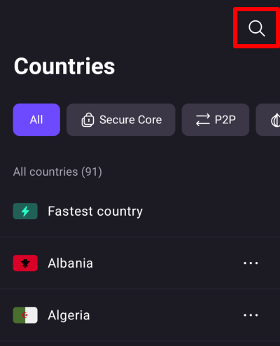 Search for any country, city, or server