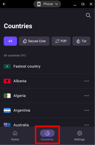 Choose a country to connect to