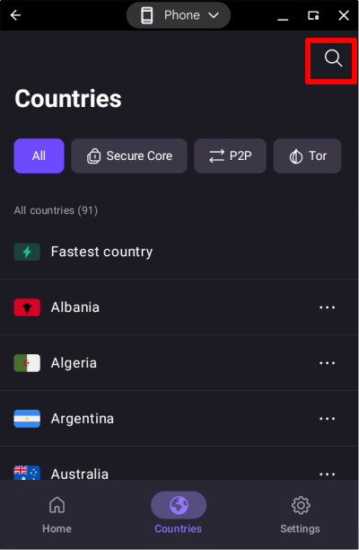Search for any country, city, or server